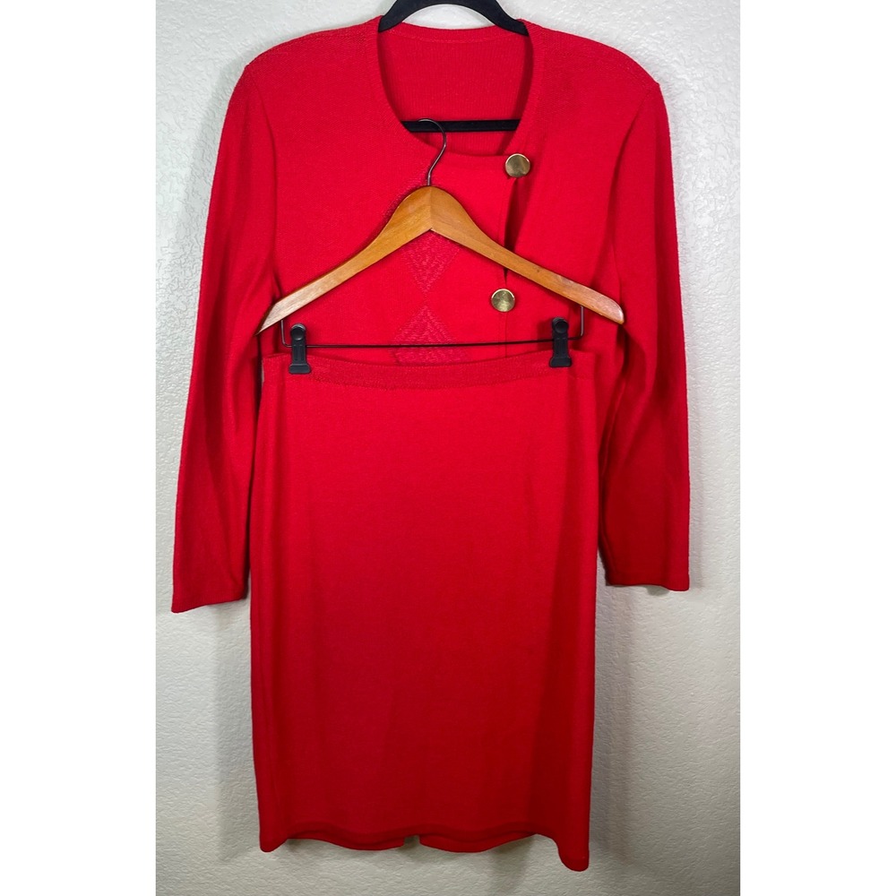 Toshiko Fashions Womens M Red Skirt Suit Set Knit Gold Button Asymmetrical Vtg